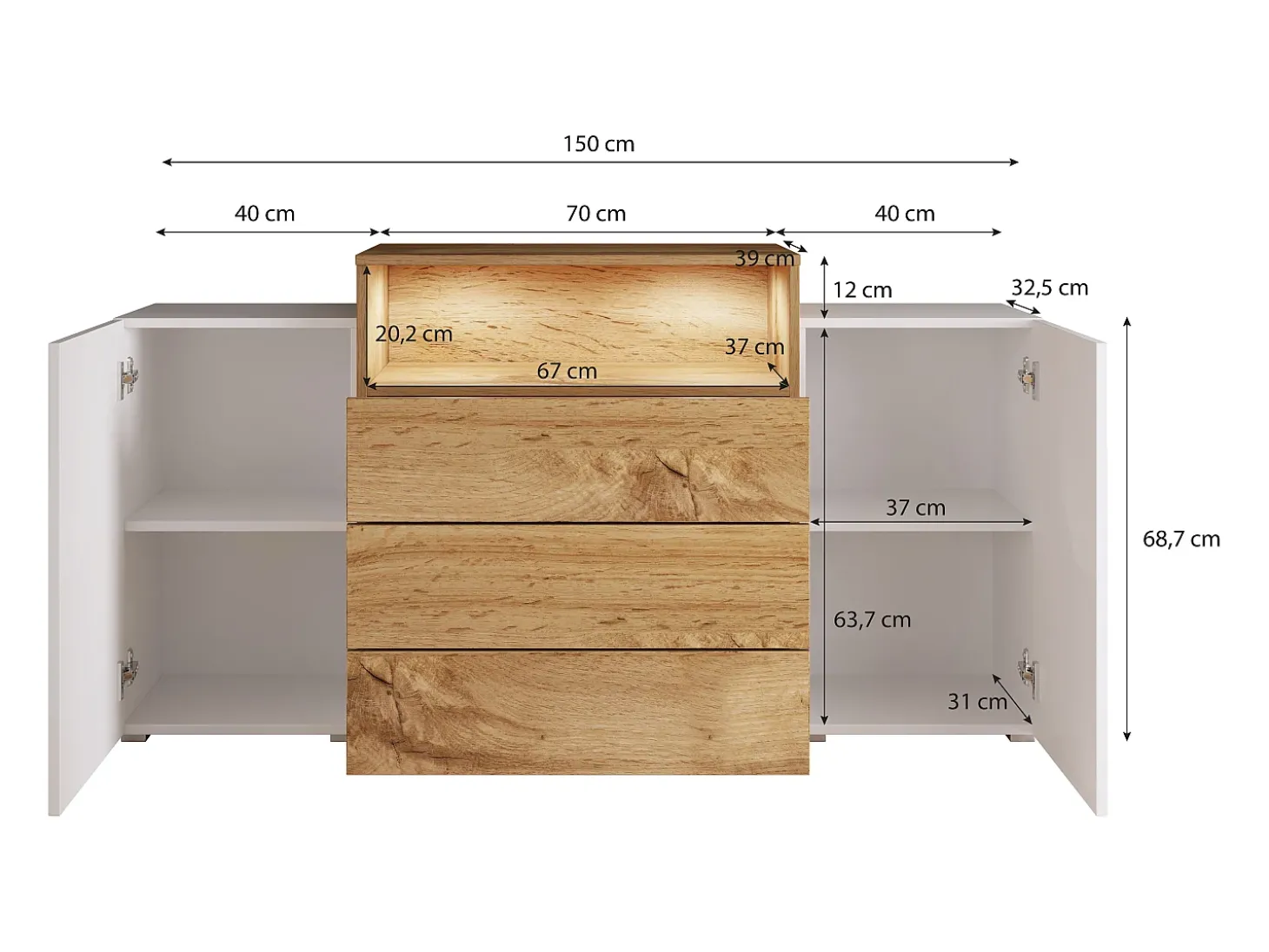 Aparador 150 cm mate para sala – moderno, de pé com 3 gavetas, nicho e portas laterais carvalho wotan