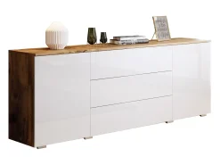 Aparador 150 cm para sala – moderno com gavetas e portas, corpo carvalho wotan mate e frentes branco brilho