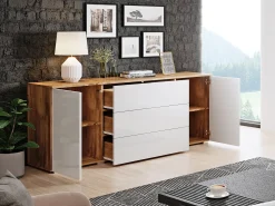 Aparador 150 cm para sala – moderno com gavetas e portas, corpo carvalho wotan mate e frentes branco brilho