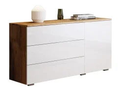 Aparador 110 cm para sala – moderno com 3 gavetas e 1 porta, corpo carvalho wotan mate e frentes branco brilho