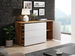 Aparador 110 cm para sala – moderno com 3 gavetas e 1 porta, corpo carvalho wotan mate e frentes branco brilho
