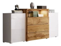 Aparador 150 cm para sala – moderno, de pé com 3 gavetas, nicho e portas laterais, corpo carvalho wotan mate e frentes wotan + branco brilho