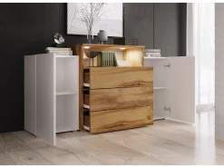 Aparador 150 cm para sala – moderno, de pé com 3 gavetas, nicho e portas laterais, corpo carvalho wotan mate e frentes wotan + branco brilho
