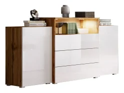 Aparador 150 cm para sala – moderno, de pé com 3 gavetas, nicho e portas laterais, corpo carvalho wotan mate e frentes branco brilho
