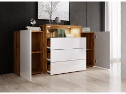 Aparador 150 cm para sala – moderno, de pé com 3 gavetas, nicho e portas laterais, corpo carvalho wotan mate e frentes branco brilho