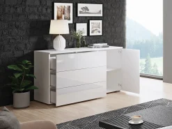 Aparador 110 cm para sala – moderno com 3 gavetas e 1 porta, corpo branco mate e frentes branco brilho