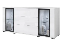 Aparador 150 cm para sala – vitrine moderna com vidros e gavetas corpo branco mate e frentes branco brilho