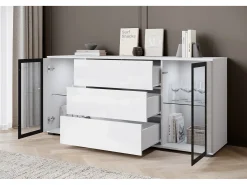 Aparador 150 cm para sala – vitrine moderna com vidros e gavetas corpo branco mate e frentes branco brilho