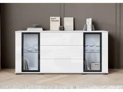 Aparador 150 cm para sala – vitrine moderna com vidros e gavetas corpo branco mate e frentes branco brilho