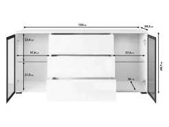 Aparador 150 cm para sala – vitrine moderna com vidros e gavetas corpo branco mate e frentes branco brilho