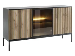 Aparador 3 portas com LEDs em MDF e vidro fumado natural e preto OVILA