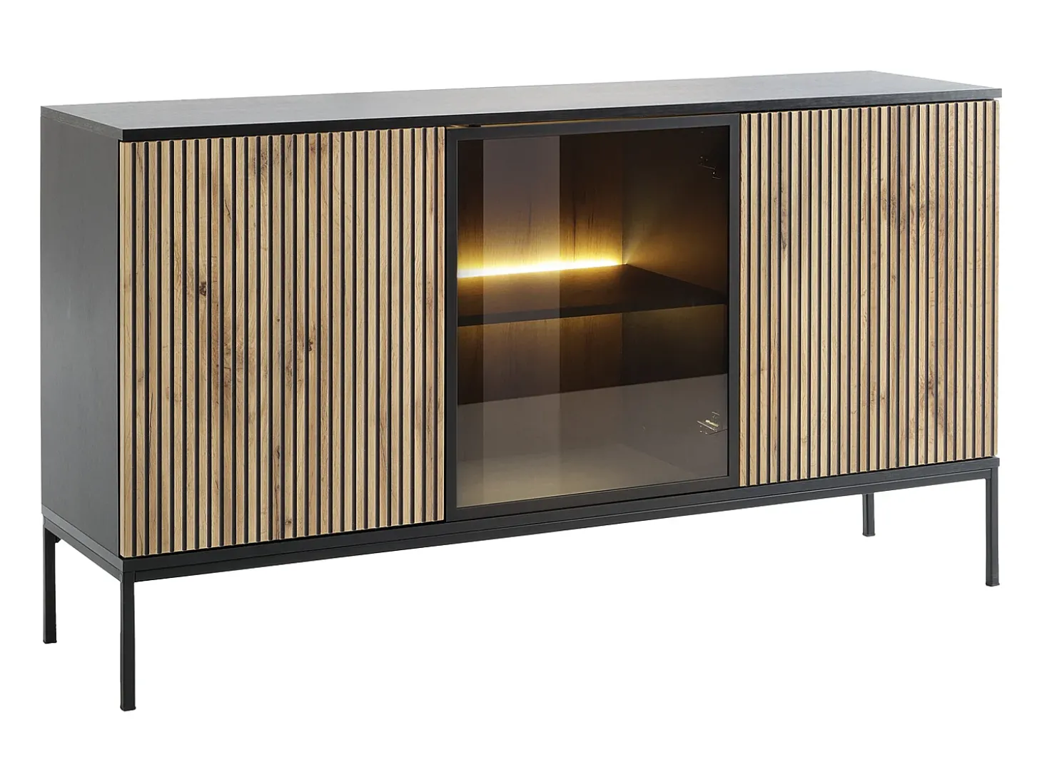 Aparador 3 portas com LEDs em MDF e vidro fumado natural e preto OVILA