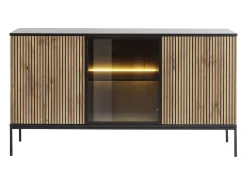 Aparador 3 portas com LEDs em MDF e vidro fumado natural e preto OVILA