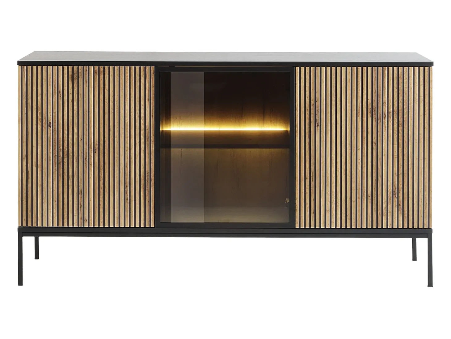 Aparador 3 portas com LEDs em MDF e vidro fumado natural e preto OVILA