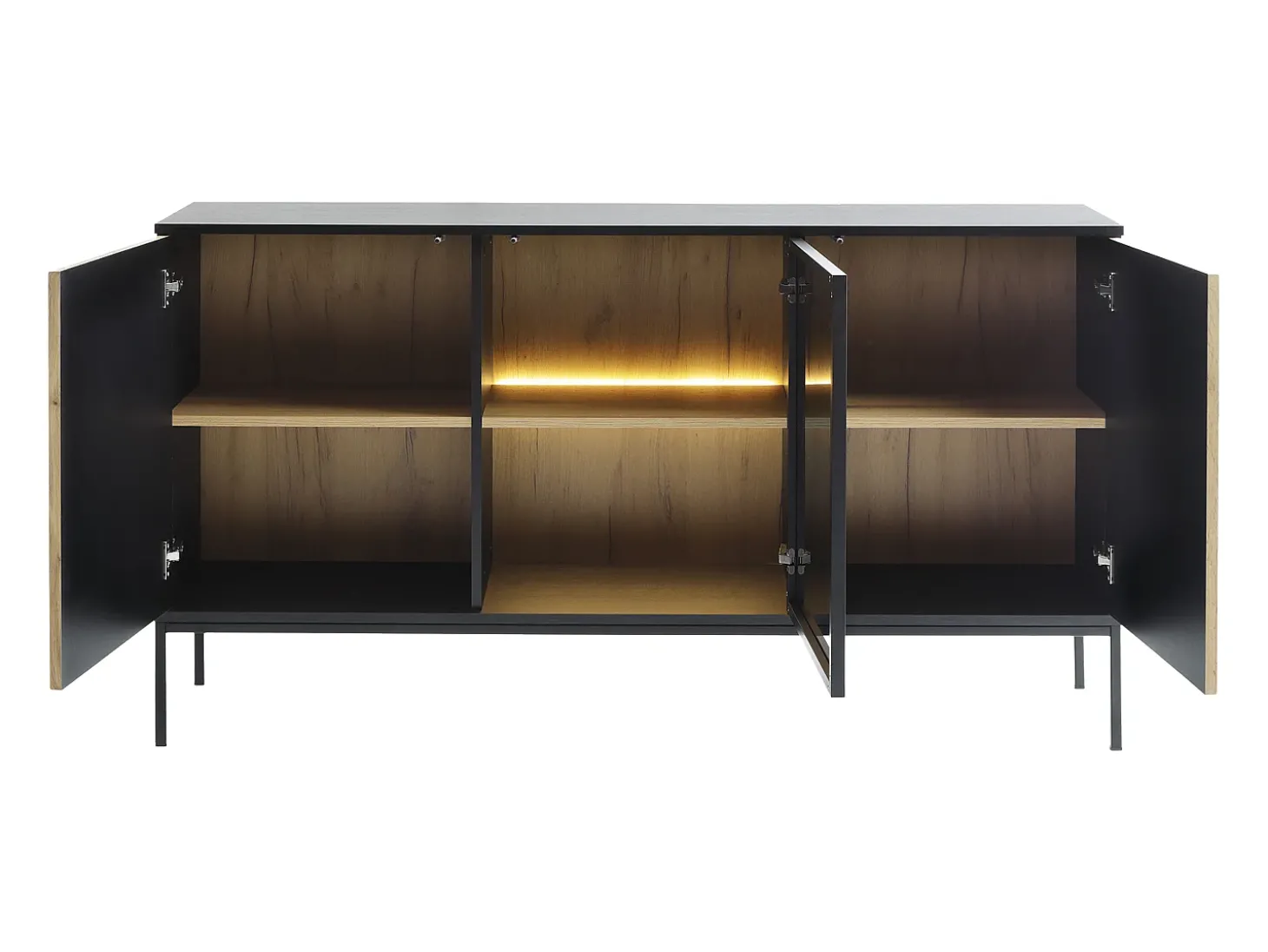 Aparador 3 portas com LEDs em MDF e vidro fumado natural e preto OVILA