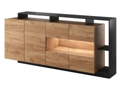 Aparador 4 portas e 4 nichos com LEDs natural claro e antracite - IDESIA