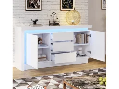 Aparador alto brilho - 140 x 35 x 72 cm - com 3 gavetas + 2 portas + LEDs + prateleiras reguláveis - aglomerado - branco