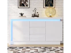 Aparador alto brilho - 140 x 35 x 72 cm - com 3 gavetas + 2 portas + LEDs + prateleiras reguláveis - aglomerado - branco