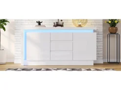 Aparador alto brilho - 140 x 35 x 72 cm - com 3 gavetas + 2 portas + LEDs + prateleiras reguláveis - aglomerado - branco
