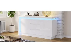 Aparador alto brilho - 140 x 35 x 72 cm - com 3 gavetas + 2 portas + LEDs + prateleiras reguláveis - aglomerado - branco