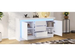 Aparador alto brilho - 140 x 35 x 72 cm - com 3 gavetas + 2 portas + LEDs + prateleiras reguláveis - aglomerado - branco