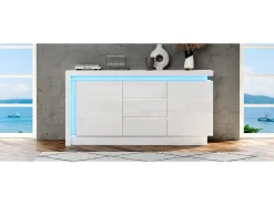 Aparador alto brilho - 140 x 35 x 72 cm - com 3 gavetas + 2 portas + LEDs + prateleiras reguláveis - aglomerado - branco