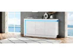 Aparador alto brilho - 140 x 35 x 72 cm - com 3 gavetas + 2 portas + LEDs + prateleiras reguláveis - aglomerado - branco