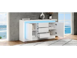 Aparador alto brilho - 140 x 35 x 72 cm - com 3 gavetas + 2 portas + LEDs + prateleiras reguláveis - aglomerado - branco