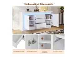 Aparador alto brilho - 140 x 35 x 72 cm - com 3 gavetas + 2 portas + LEDs + prateleiras reguláveis - aglomerado - branco