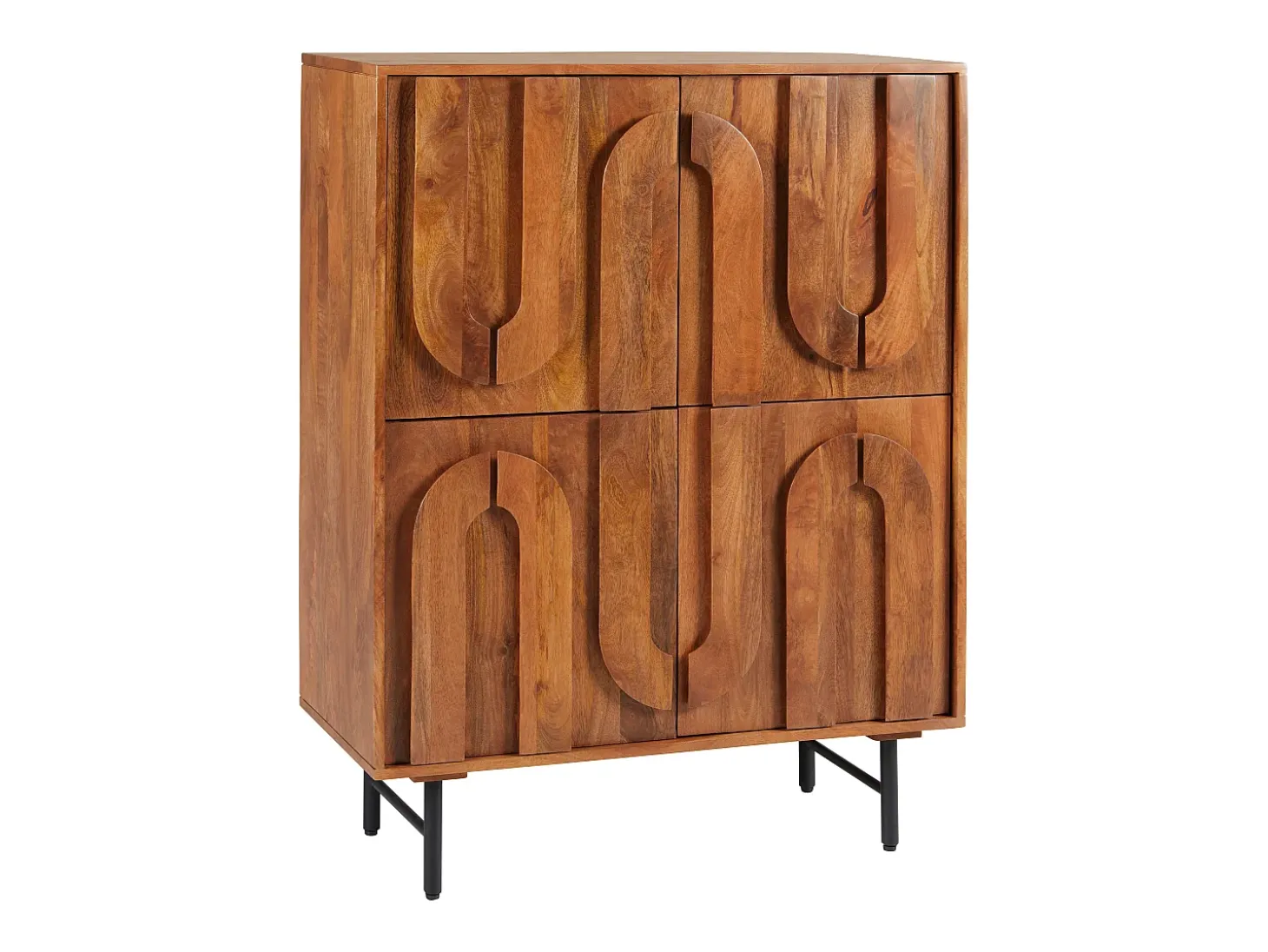 Aparador alto com 4 portas em madeira de mangueira e metal preto, cor natural - MIZORAM