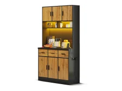 Aparador alto com 6 portas e 3 gavetas - 100 x 40 x 180 cm - LEDs e porta de carregamento - Madeira MDF - Prateleiras reguláveis - Natural + preto
