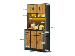 Aparador alto com 6 portas e 3 gavetas - 100 x 40 x 180 cm - LEDs e porta de carregamento - Madeira MDF - Prateleiras reguláveis - Natural + preto