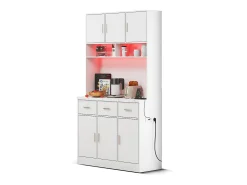 Aparador alto com 6 portas e 3 gavetas - 100 x 40 x 180 cm - LEDs e porta de carregamento - Madeira MDF - Prateleiras reguláveis - Branco