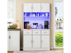 Aparador alto com 6 portas e 3 gavetas - 100 x 40 x 180 cm - LEDs e porta de carregamento - Madeira MDF - Prateleiras reguláveis - Branco