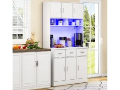 Aparador alto com 6 portas e 3 gavetas - 100 x 40 x 180 cm - LEDs e porta de carregamento - Madeira MDF - Prateleiras reguláveis - Branco