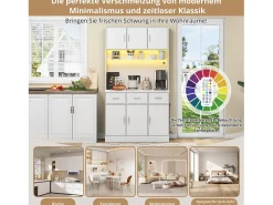 Aparador alto com 6 portas e 3 gavetas - 100 x 40 x 180 cm - LEDs e porta de carregamento - Madeira MDF - Prateleiras reguláveis - Branco