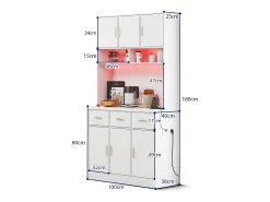 Aparador alto com 6 portas e 3 gavetas - 100 x 40 x 180 cm - LEDs e porta de carregamento - Madeira MDF - Prateleiras reguláveis - Branco