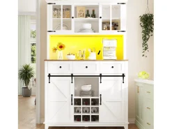 Aparador alto de cozinha - 105 x 40 x 180 cm - com prateleiras reguláveis + LEDs + 4 portas + 3 gavetas - Metal + MDF - branco
