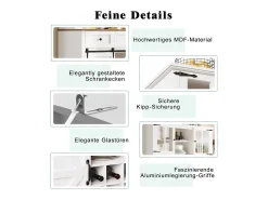 Aparador alto de cozinha - 105 x 40 x 180 cm - com prateleiras reguláveis + LEDs + 4 portas + 3 gavetas - Metal + MDF - branco