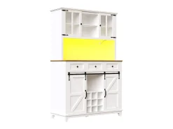 Aparador alto de cozinha - 105 x 40 x 180 cm - com prateleiras reguláveis + LEDs + 4 portas + 3 gavetas - Metal + MDF - branco