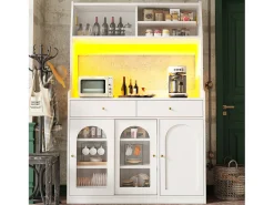 Aparador alto de cozinha - 120 x 40 x 180 cm - com prateleiras reguláveis + 2 gavetas + 3 portas + LEDs - MDF + PB - branco