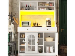 Aparador alto de cozinha - 120 x 40 x 180 cm - com prateleiras reguláveis + 2 gavetas + 3 portas + LEDs - MDF + PB - branco