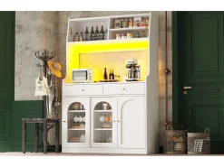 Aparador alto de cozinha - 120 x 40 x 180 cm - com prateleiras reguláveis + 2 gavetas + 3 portas + LEDs - MDF + PB - branco
