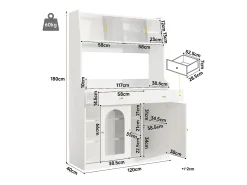 Aparador alto de cozinha - 120 x 40 x 180 cm - com prateleiras reguláveis + 2 gavetas + 3 portas + LEDs - MDF + PB - branco