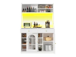 Aparador alto de cozinha - 120 x 40 x 180 cm - com prateleiras reguláveis + 2 gavetas + 3 portas + LEDs - MDF + PB - branco