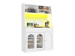 Aparador alto de cozinha - 120 x 40 x 180 cm - com prateleiras reguláveis + 2 gavetas + 3 portas + LEDs - MDF + PB - branco