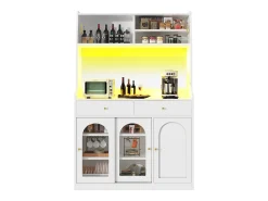 Aparador alto de cozinha - 120 x 40 x 180 cm - com prateleiras reguláveis + 2 gavetas + 3 portas + LEDs - MDF + PB - branco