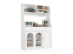 Aparador alto de cozinha - 120 x 40 x 180 cm - com prateleiras reguláveis + 2 gavetas + 3 portas + LEDs - MDF + PB - branco
