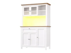 Aparador alto de cozinha - 104 x 40 x 180 cm - com prateleiras reguláveis + LEDs + 5 portas + 1 gaveta - Metal + MDF - branco