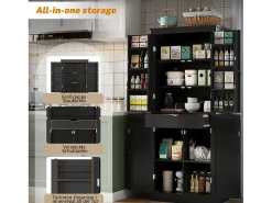 Aparador alto de cozinha - 182 x 40 x 75 cm - com 4 portas + compartimentos de arrumação + gaveta - MDF - preto